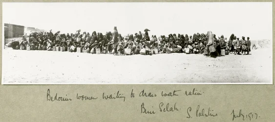 Bedouin women waiting to draw their ration of water, Beni Saleh, July 1917
